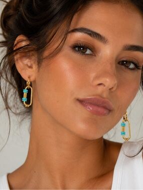 Gold Hoop Drop Earrings with Turquoise Accents - Women Jewelry